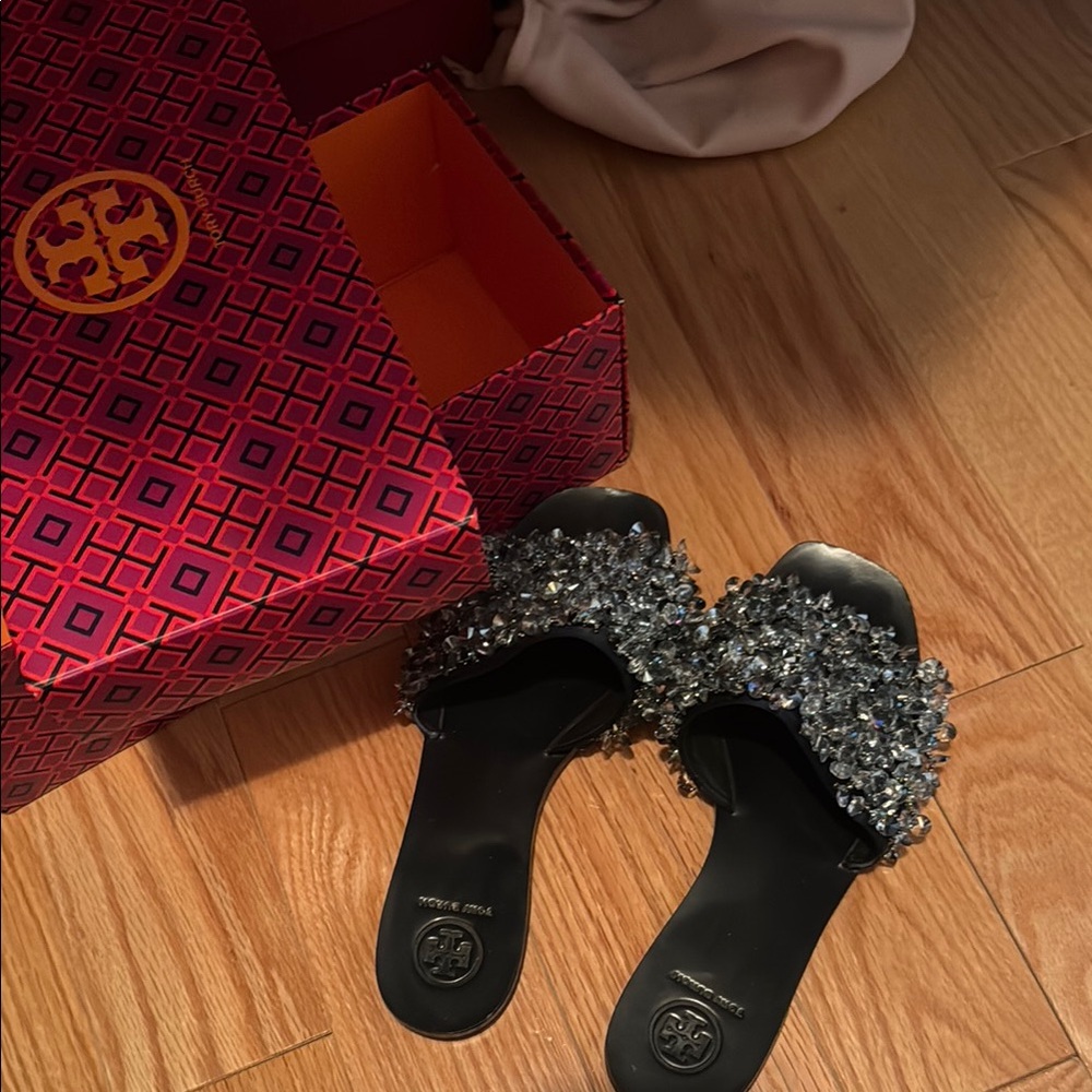 Tory Burch Black Crystal Embellished Sandals